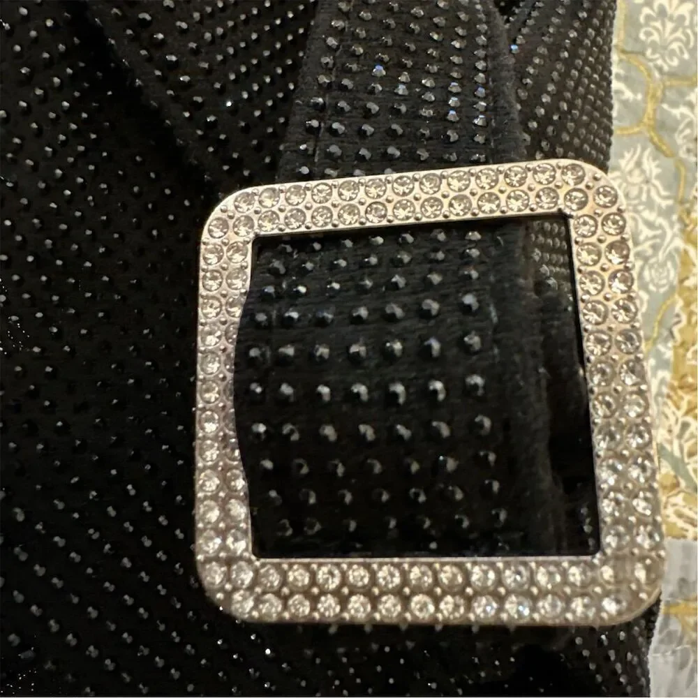 Women's Black Beaded Fabric Rhinestone Buckle Accent Evening Shoulder Handbag